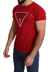 Guess Red Cotton Logo Print Men Casual Top Perforated T-shirt