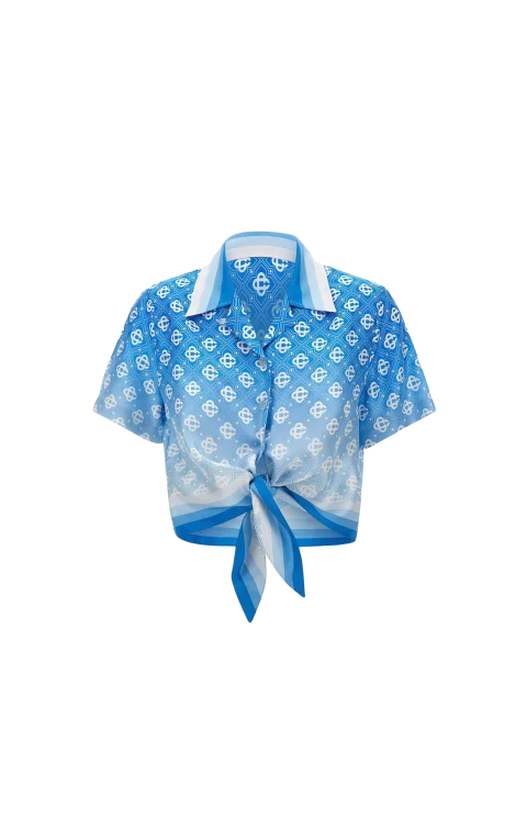 Blue Gradient Monogram Knotted Cropped Silk Shirt