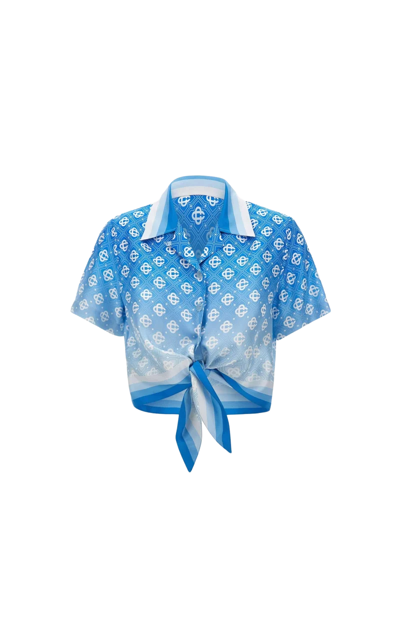 Blue Gradient Monogram Knotted Cropped Silk Shirt