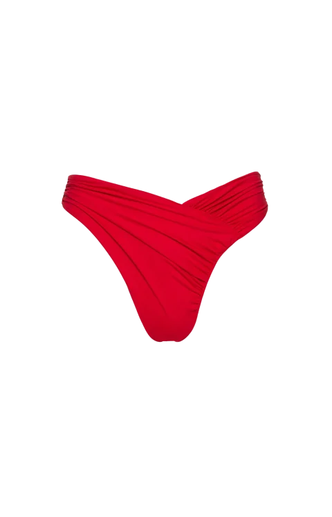 Ruched Asymmetric Swim Bottom in Red