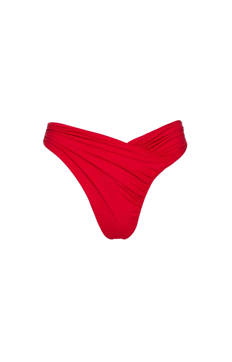 Ruched Asymmetric Swim Bottom in Red