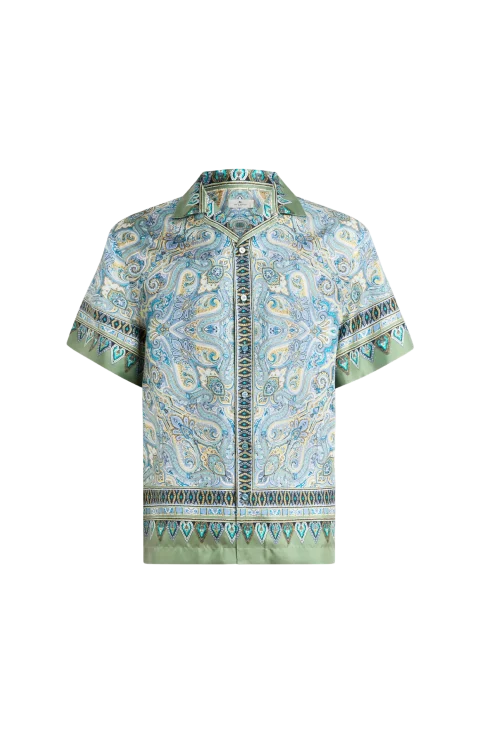 Silk Bowling Shirt with Placed Pocket-Square Paisley Print