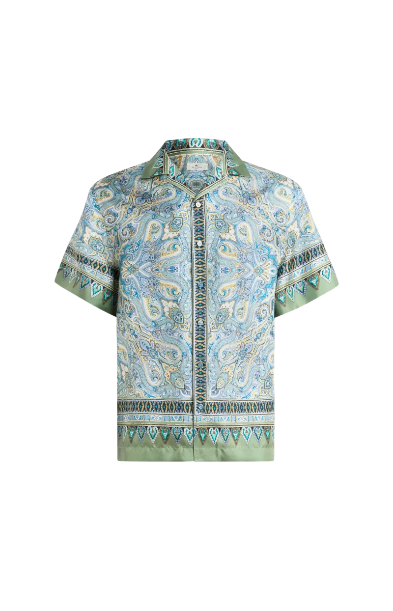 Silk Bowling Shirt with Placed Pocket-Square Paisley Print