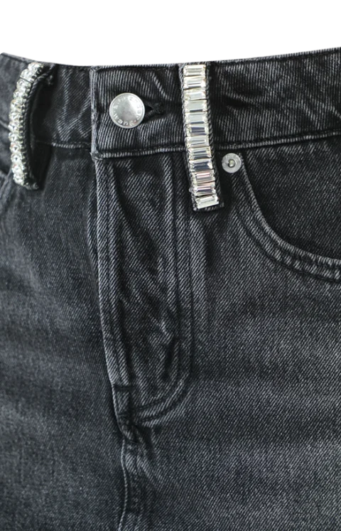Crystal Hotfix Belt Loop Mid-Rise Relaxed Jean in Grey — снимка 2
