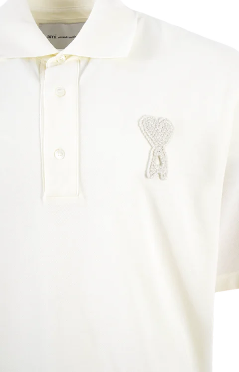 Cotton Ami de Coeur Knitted Patch Polo in White — снимка 2
