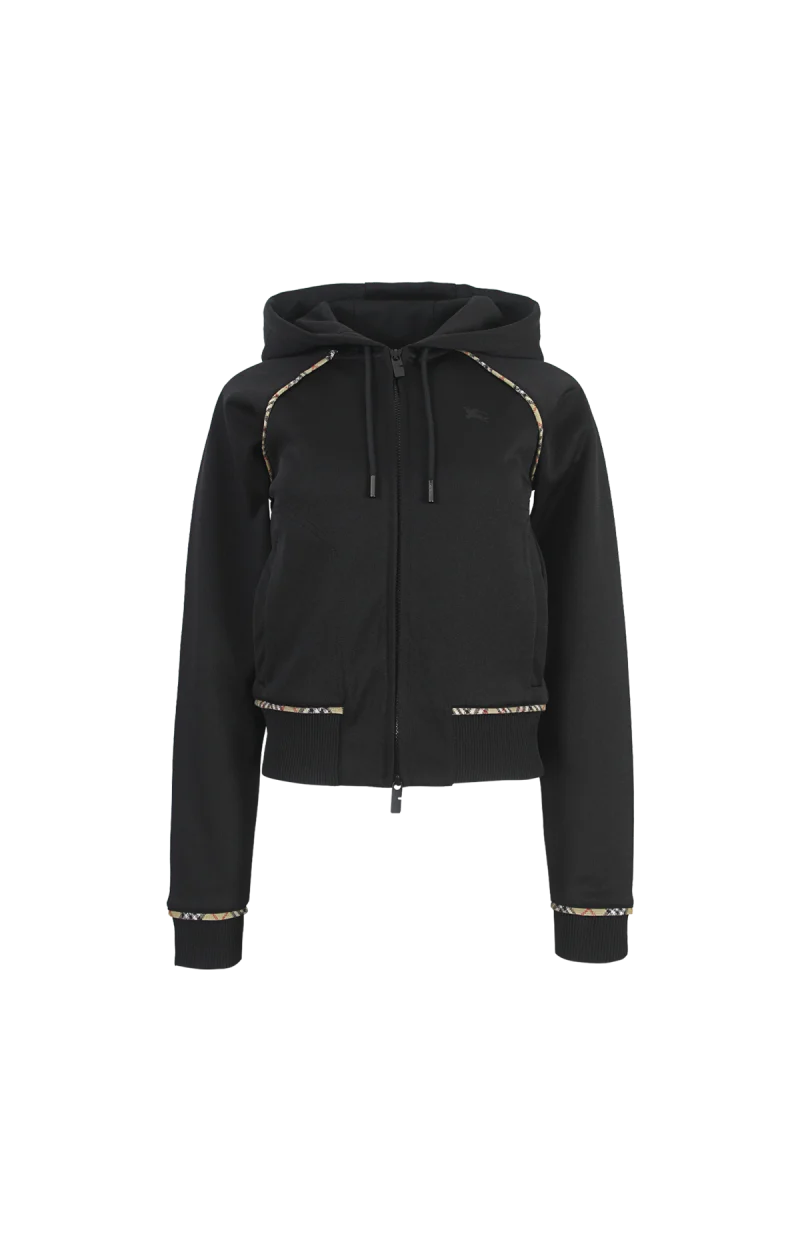 Check Trim Cotton Blend Zip Hoodie