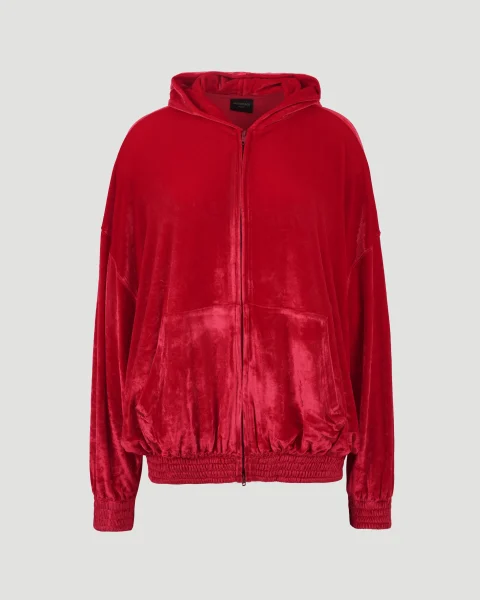 Velour Zip-Up Hoodie in Red