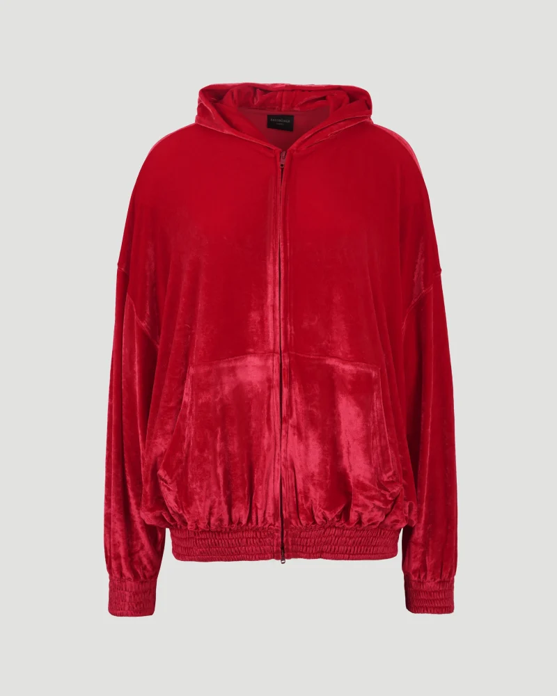 Velour Zip-Up Hoodie in Red