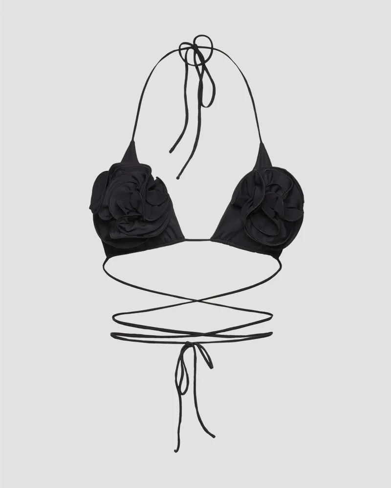 Floral Strappy Triangle Bikini Top in Black