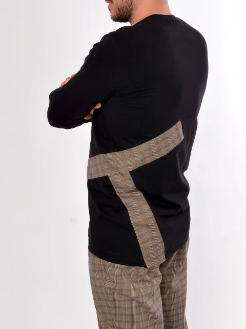 Черна блуза с карирани детайли Long sleeve checked t-shirt — снимка 5