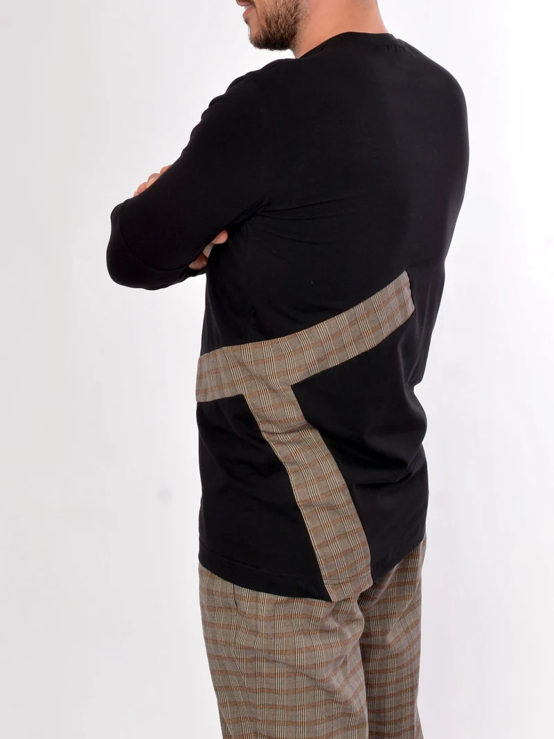 Черна блуза с карирани детайли Long sleeve checked t-shirt — снимка 5