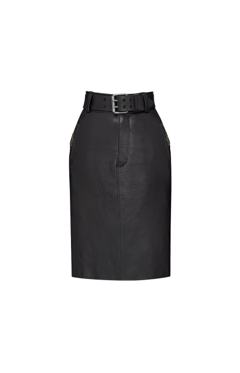 Belted Pencil Skirt in Grained Leather