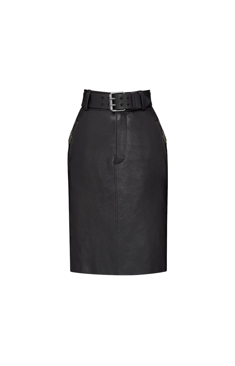 Belted Pencil Skirt in Grained Leather