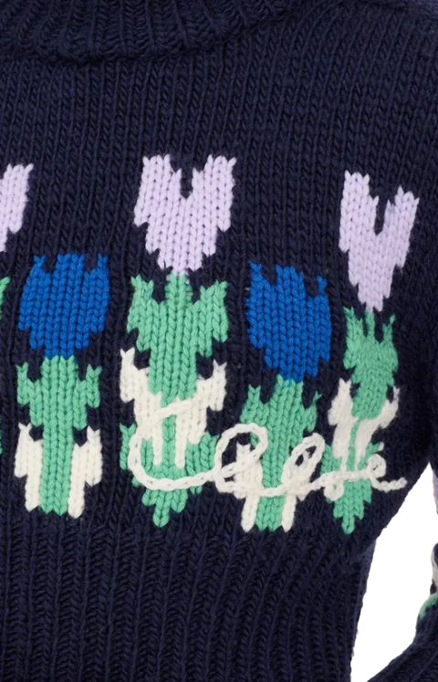 Wool Cropped Mock-Neck Logo Sweater in Dark Navy — снимка 4