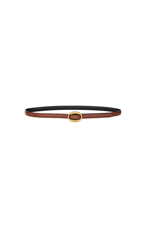 Oval Buckle Thin Reversible Belt in Smooth Leather in Black/Clay — снимка 2