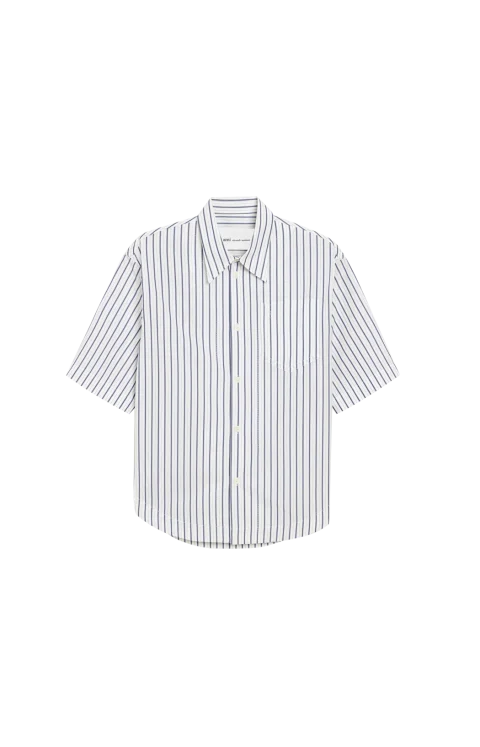 White Striped Cotton Short Sleeve Ami de Coeur Wide Shirt