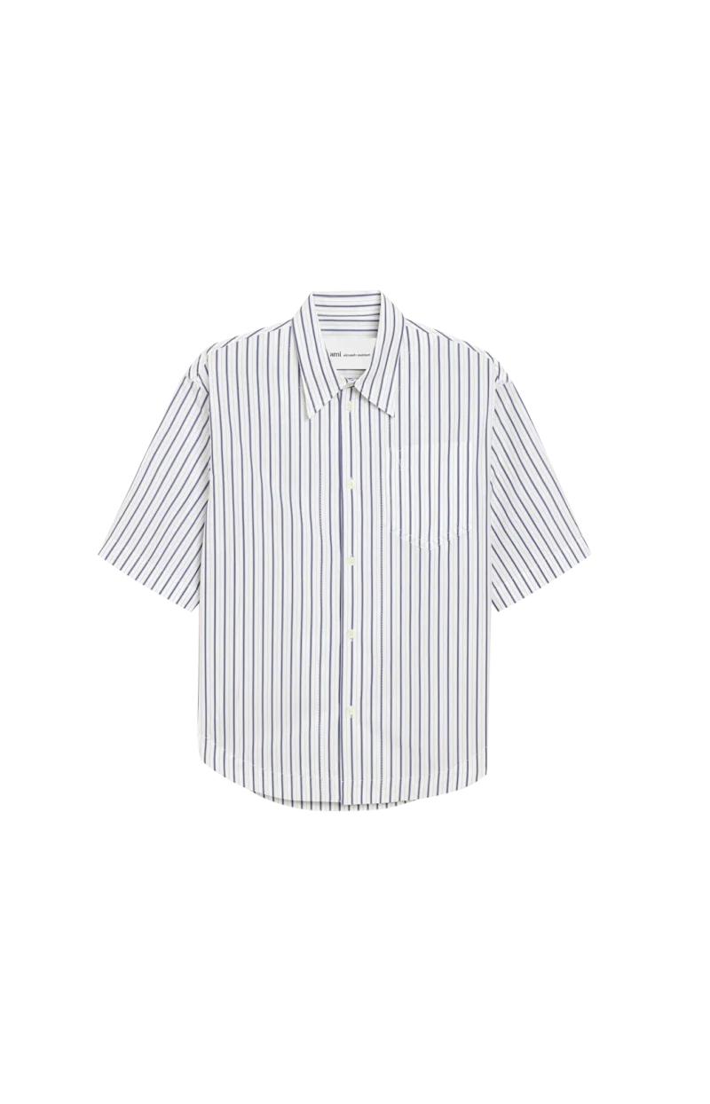 White Striped Cotton Short Sleeve Ami de Coeur Wide Shirt