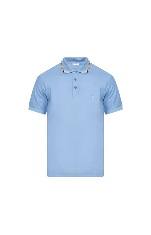 Check Trim Cotton Polo Shirt in Blue