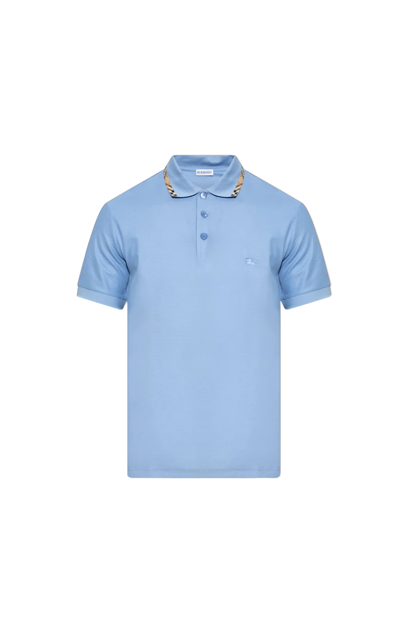 Check Trim Cotton Polo Shirt in Blue
