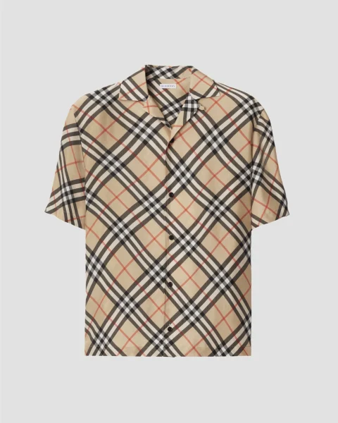 Oversized Check Silk Shirt in Sand