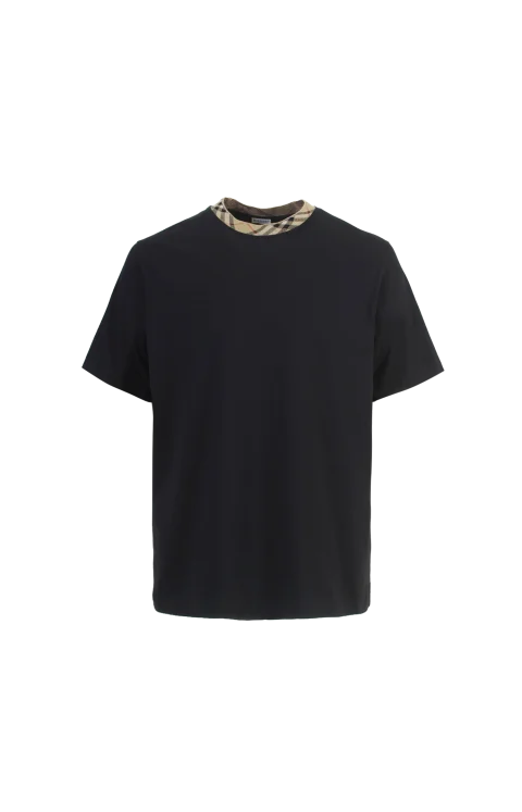 Check Trim Cotton T-Shirt in Black