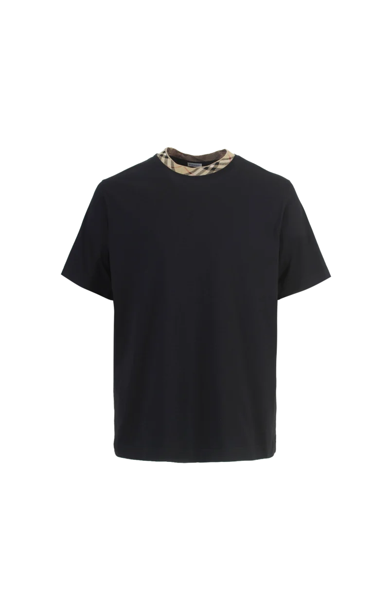 Check Trim Cotton T-Shirt in Black