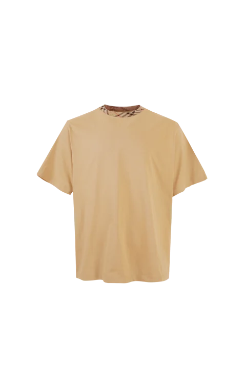 Check Trim Cotton T-Shirt in Beige