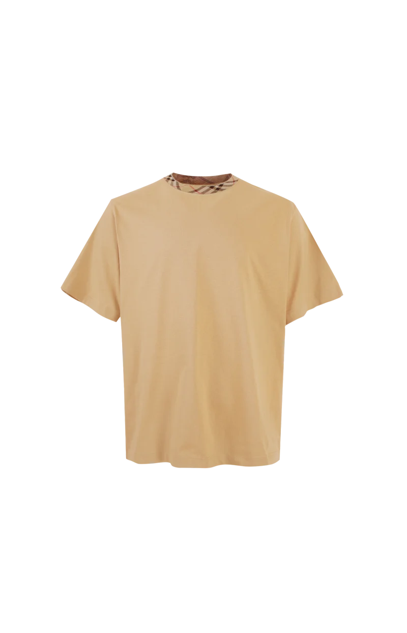 Check Trim Cotton T-Shirt in Beige