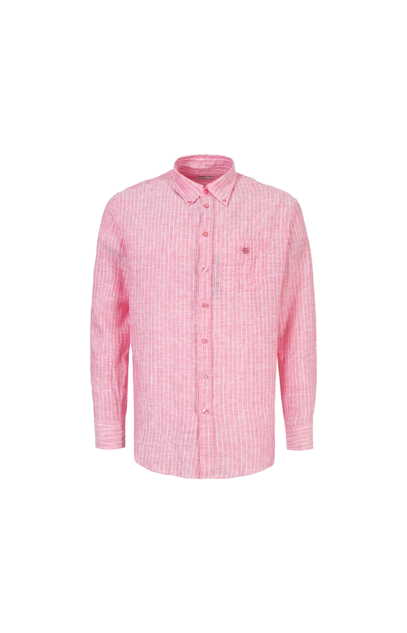 Striped Linen Button-Down Shirt with Pegaso Logo