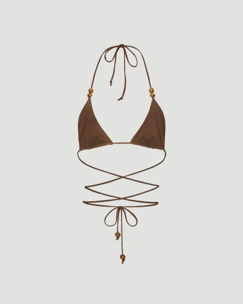 Strappy Triangle Bikini Top with Beads in Brown — снимка 2