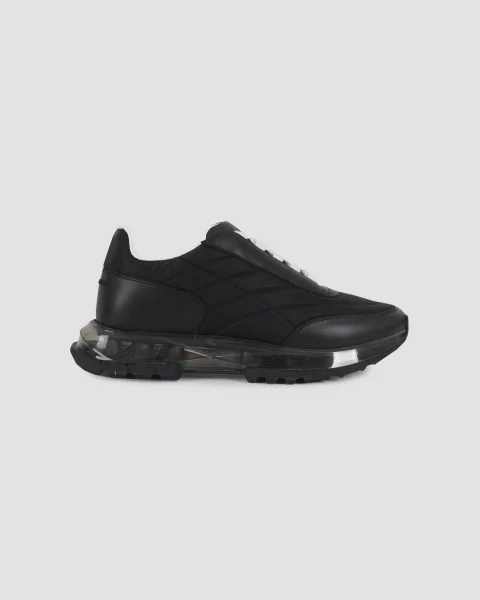 Padded Nylon and Leather Trainers in Black