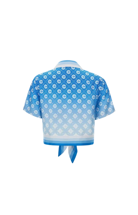 Blue Gradient Monogram Knotted Cropped Silk Shirt — снимка 2