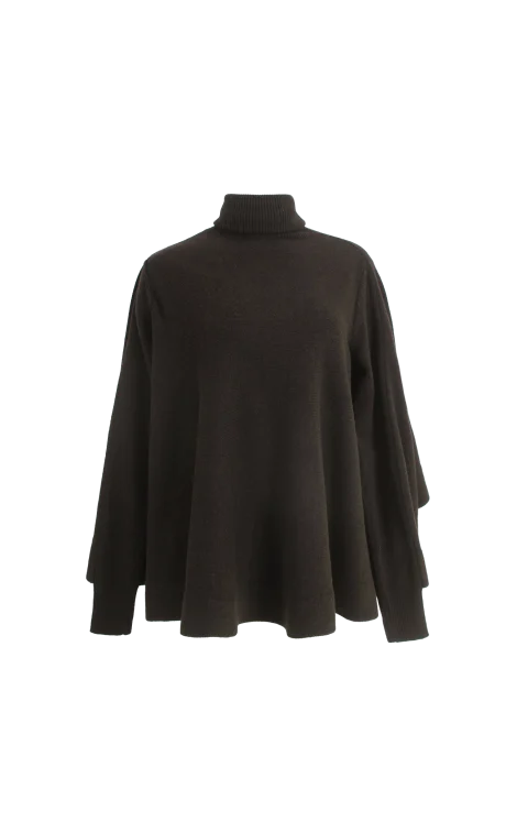 Draped High-Neck Knitted Sweater in Dark Brown