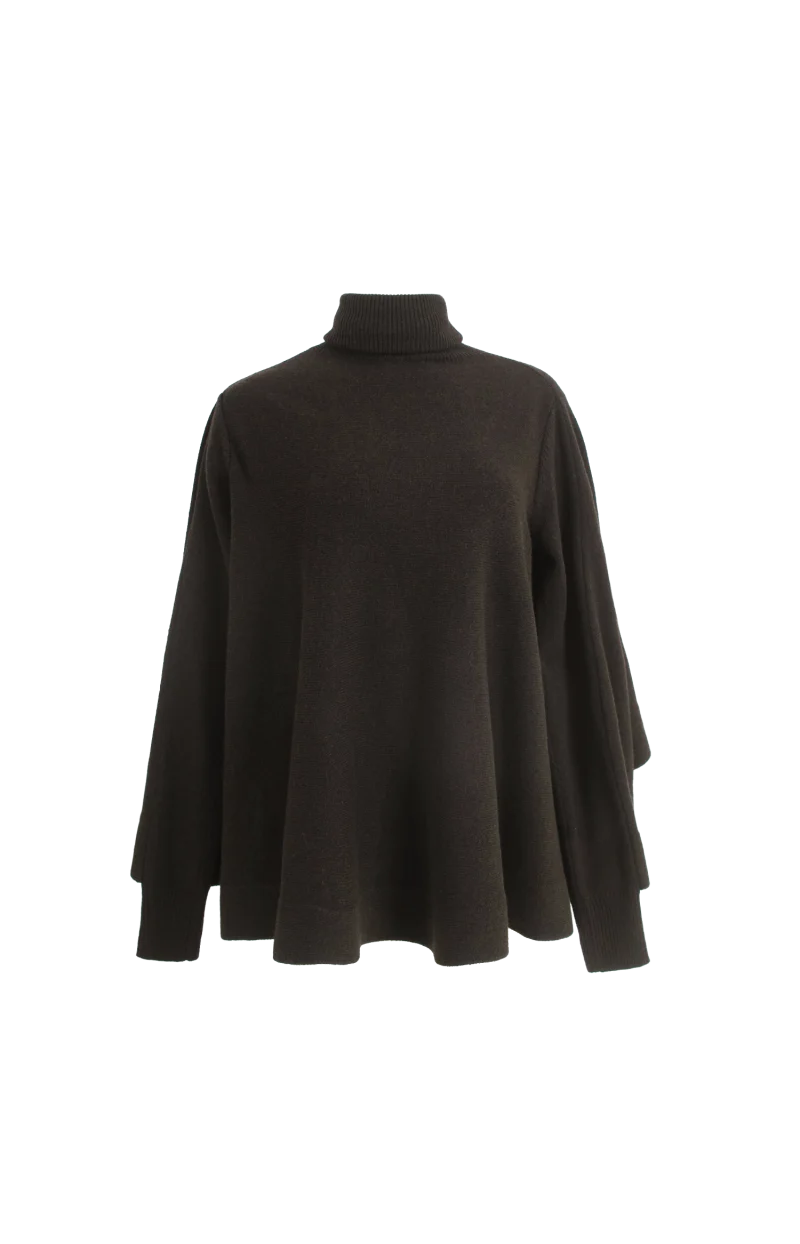 Draped High-Neck Knitted Sweater in Dark Brown