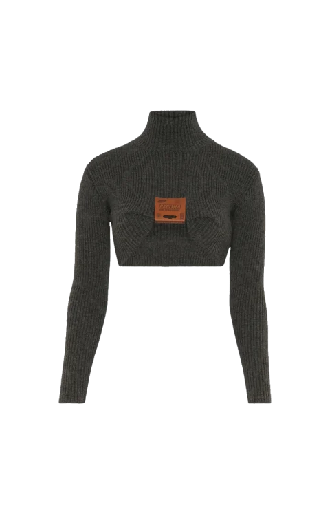 Cropped Wool-Blend Turtleneck Sweater in Mid Grey