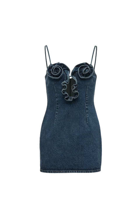 Floral-Appliqué Mini Dress in Denim