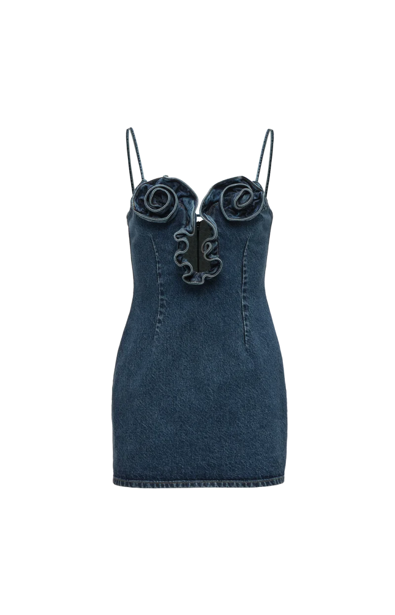Floral-Appliqué Mini Dress in Denim