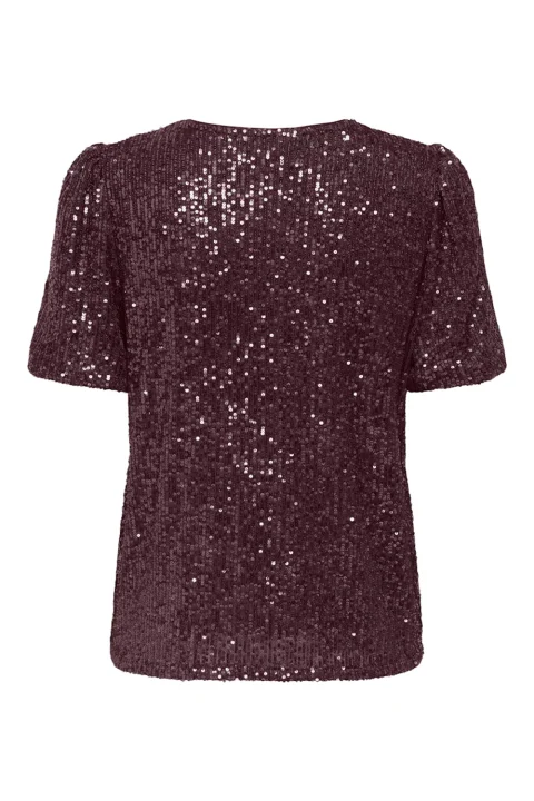 Top Onlana S/S Loose Sequins Jrs 15333850 19-2118 TCX winetasting — снимка 2
