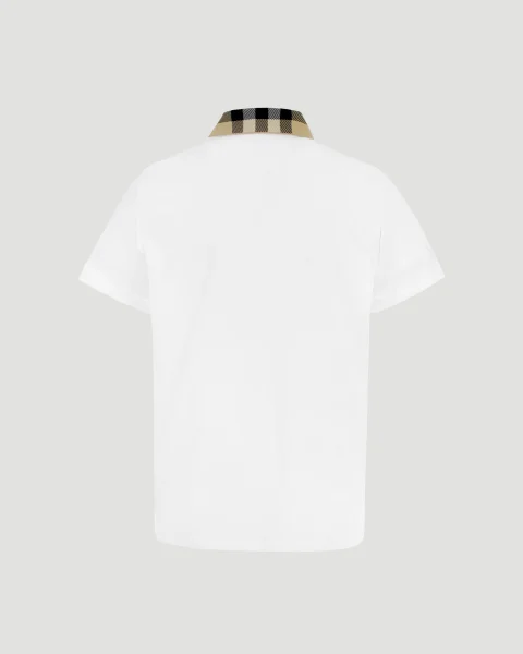 Check Collar Cotton Polo Shirt in White — снимка 3