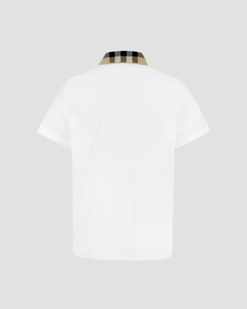 Check Collar Cotton Polo Shirt in White — снимка 3