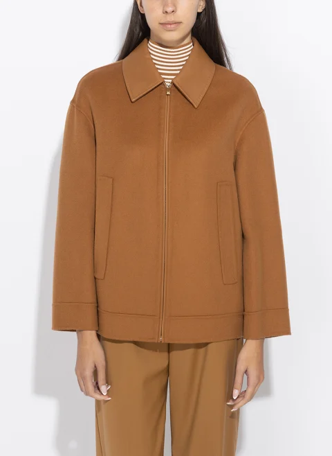 Късо палто от фина вълна с кожен мотив Max Mara Studio Mstsfere — снимка 5