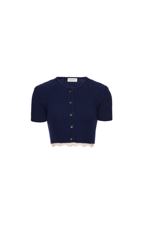 Short-Sleeve Crochet-Trim Cropped Cardigan in Navy