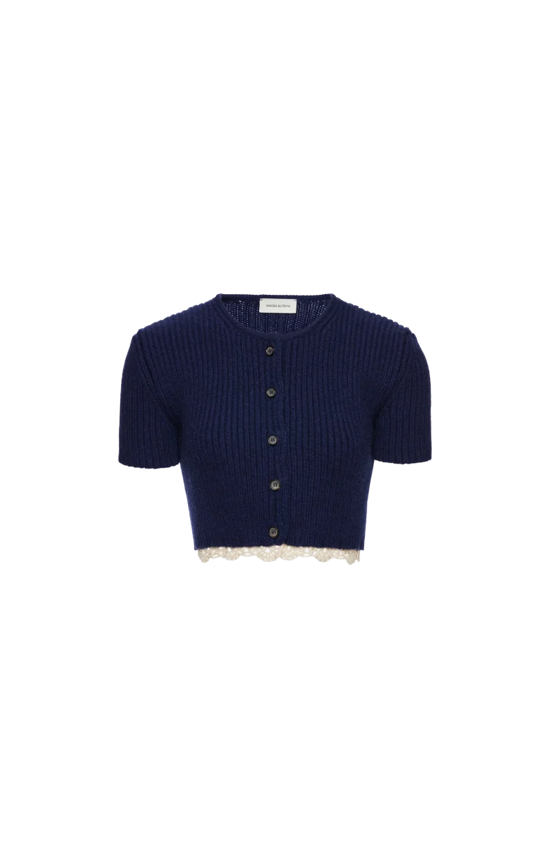 Short-Sleeve Crochet-Trim Cropped Cardigan in Navy