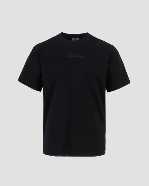 Check Cursive Logo Cotton T-Shirt in Black