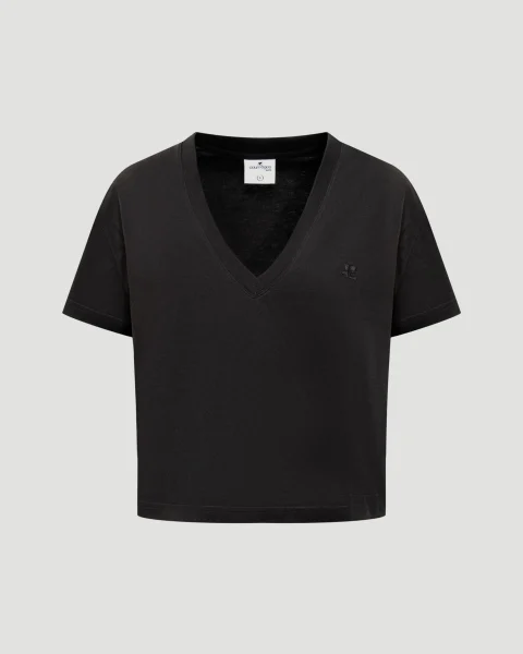 V Neck Cropped T-Shirt in Black
