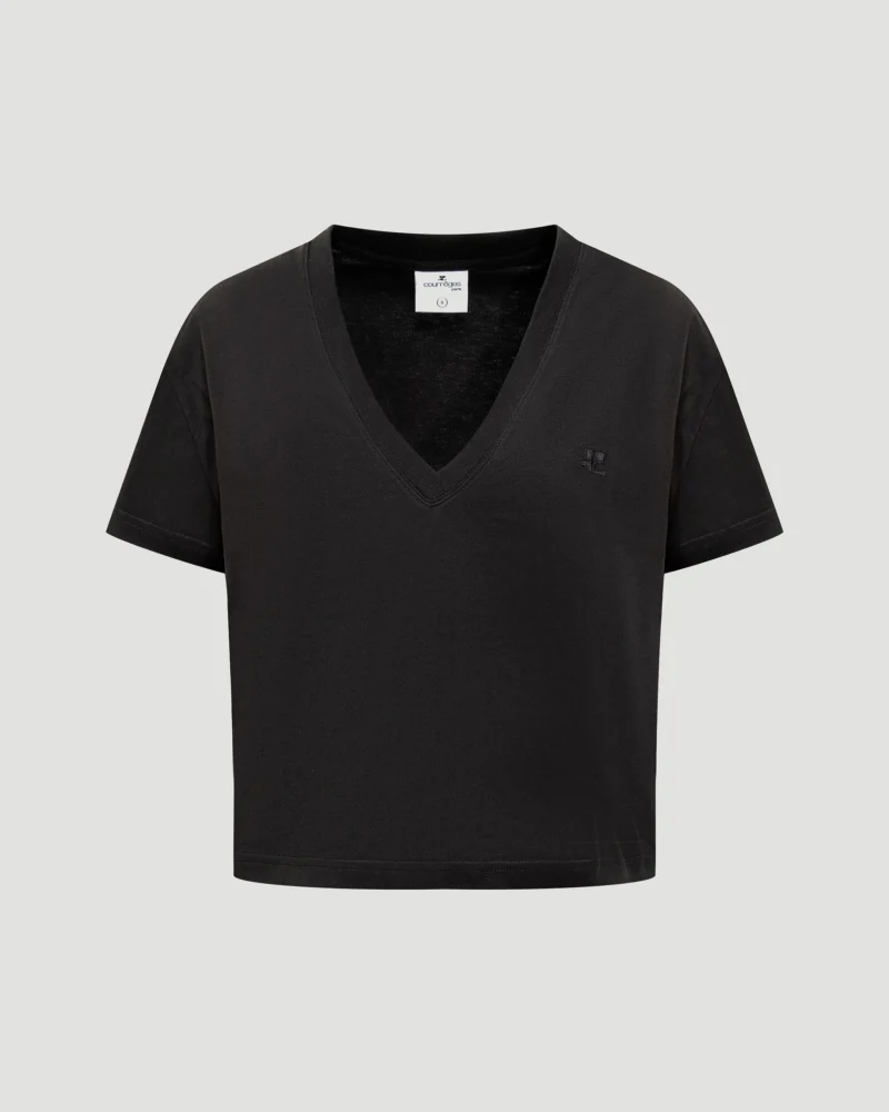 V Neck Cropped T-Shirt in Black