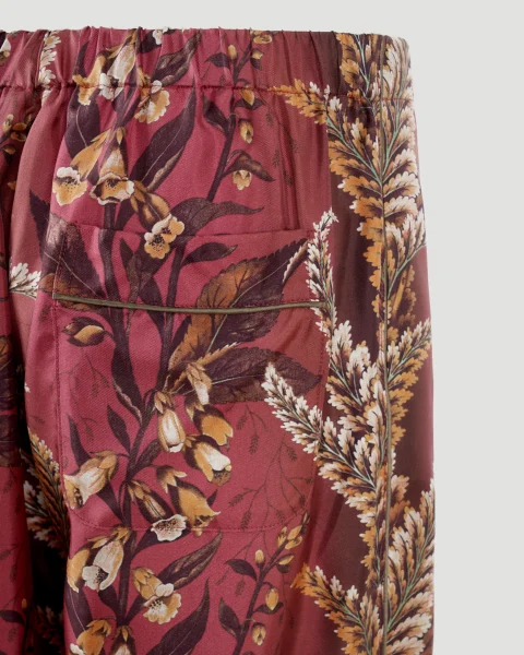 Silk Pants with Floral Motif in Brick Red — снимка 3