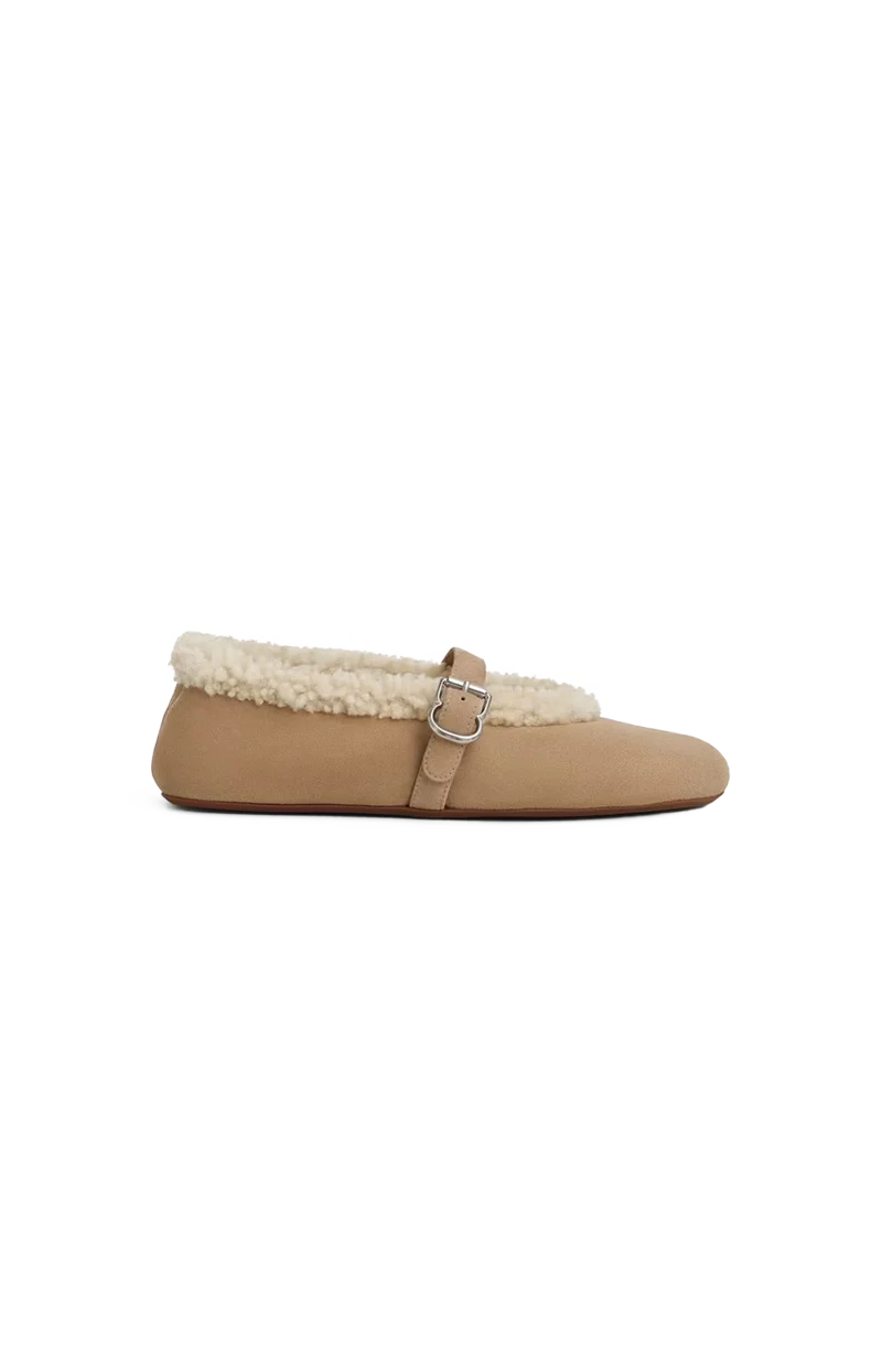 Ballet Flats in Camel Merino Shearling