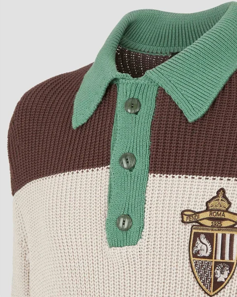 Polo Sweater in Brown and Beige Cotton Jersey — снимка 5