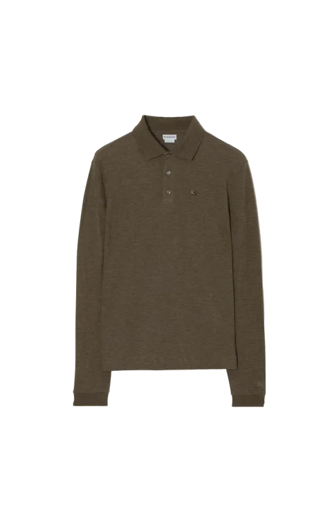 Long-Sleeve Wool Cotton Polo Shirt in Military Green